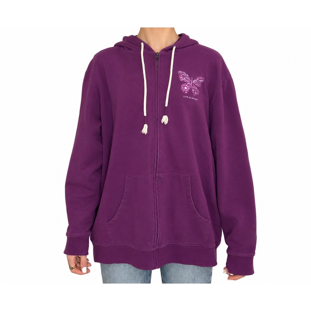 Life is Good Purple Butterfly Zip Up Hoodie Sweatshirt Mandala Graphic